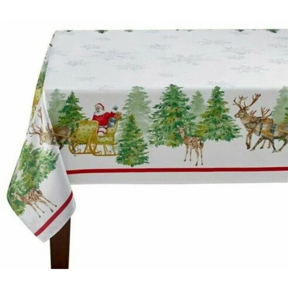 Christmas Santa's Sleigh Border Tablecloth Fabric 60x84 Oblong Jacquard Reindeer